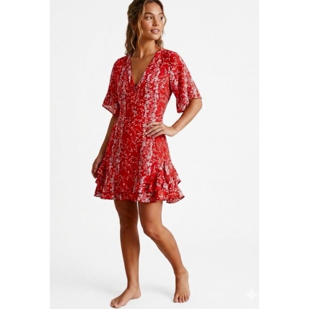 TANYA TAYLOR Red Printed Silk Mini Floral Ruffle Dress Short Sleeve Size 2